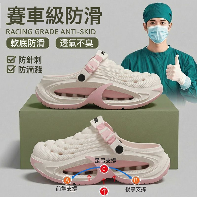 醫用手術室拖鞋足弓支撐厚底洞洞鞋 防臭防滑 男鞋 男拖鞋 洞洞鞋男, 10 cm, 白粉【医护人员推荐+足弓支撑】:38-39（推荐37-38脚）