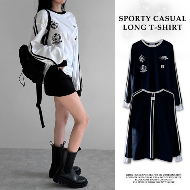 [문의폭주/블록코어] 달리 89라인 스포티 루즈 티셔츠 스포티 캐주얼 라인 포인트 롱 티셔츠!