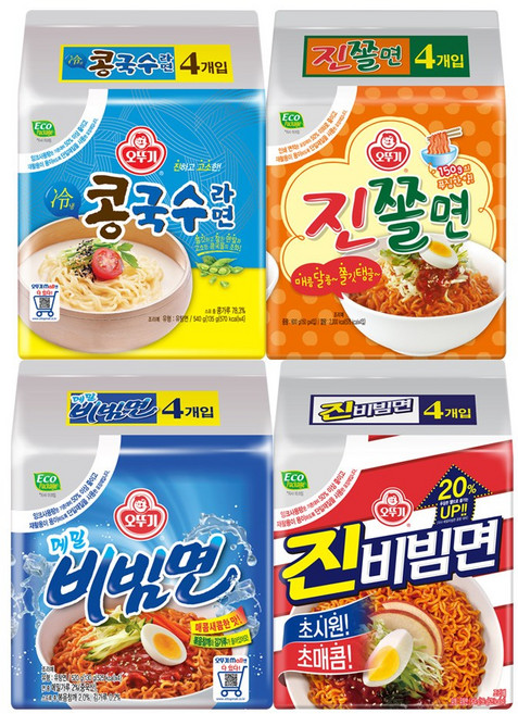 오뚜기 진비빔면 (156gx4)+콩국수라면 (135gx4)+메밀비빔면 (130gx4)+진쫄면 (150gx4), 1세트
