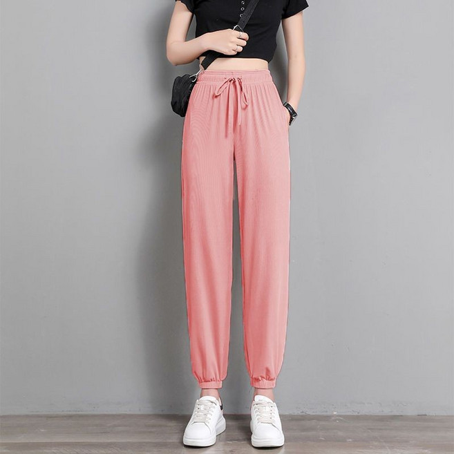 涼感冰絲褲子女 夏季薄款休閒褲 寬鬆顯瘦韓版束腳九分褲