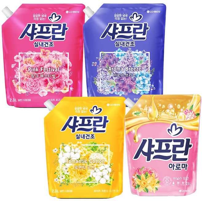 샤프란 실내건조 핑크 페스티벌 2.3L + 아로마 브리즈 2.3L + 로맨틱 코튼 2.3L + 아로마 바닐라핑크 2.1L, 1개