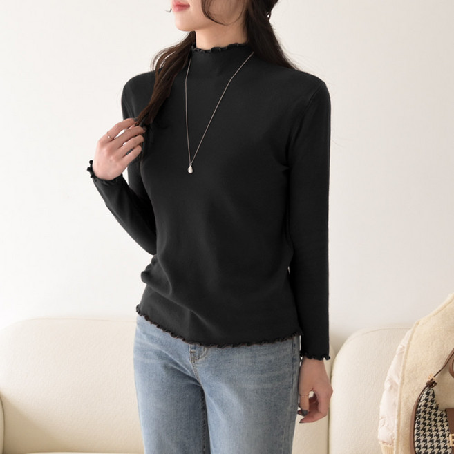 데일리앤 라니 9컬러 가을 겨울 여리핏 물결 반목 여성 니트 티셔츠 폴라 레이어드 이너 목티