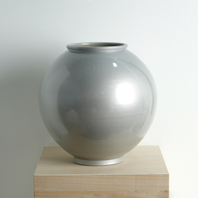 유재천 작가 백자 은색 달항아리 35cm 소품 황금 장식 풍수지리 오브제 화병