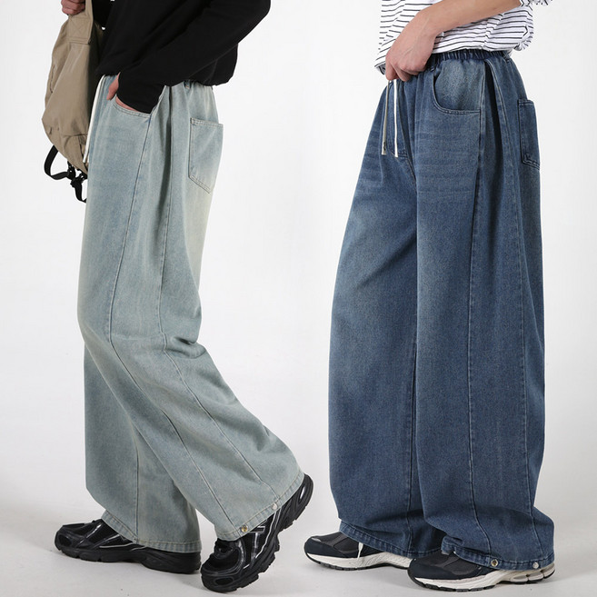 오버나인 남자 남성 와이드 스냅 워싱 밴딩 데님 청바지 팬츠