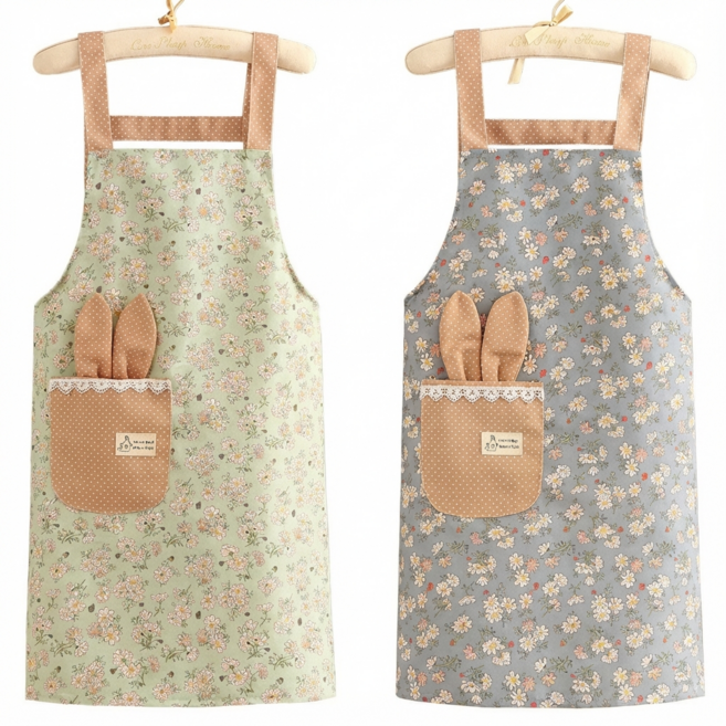 CLUBUNI 주방 방수 플라워 린넨 앞치마 2개, 1세트, 그린+블루