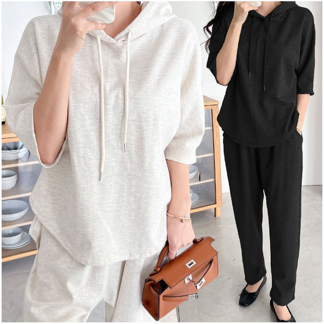 렛잇샤인 빅사이즈 세라 후드 7부 언발티+밴딩 세미배기팬츠 상하의세트