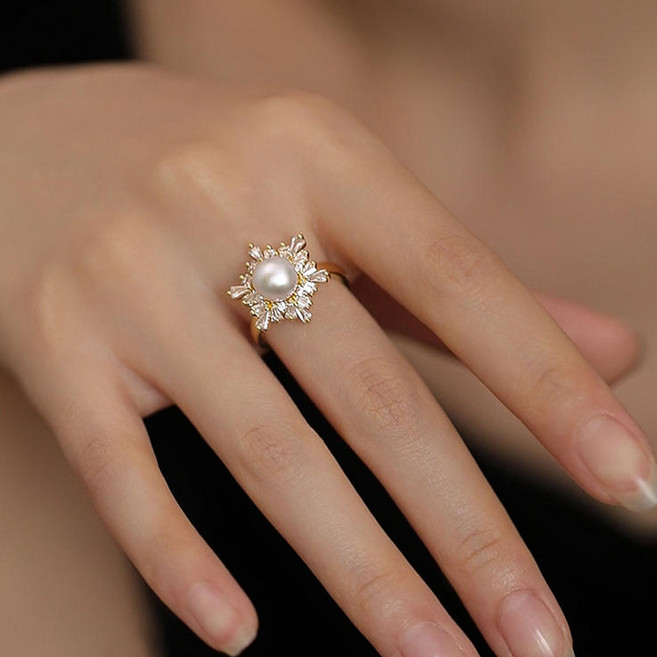 NXNA 14K 골드 은 천연담 수진주 반지 여성용 물빠짐 방지 패션 미니멀 럭셔리 고급감 오픈형 핸드 액세서리 조절 가능 도금 선물용 CS-JZ006