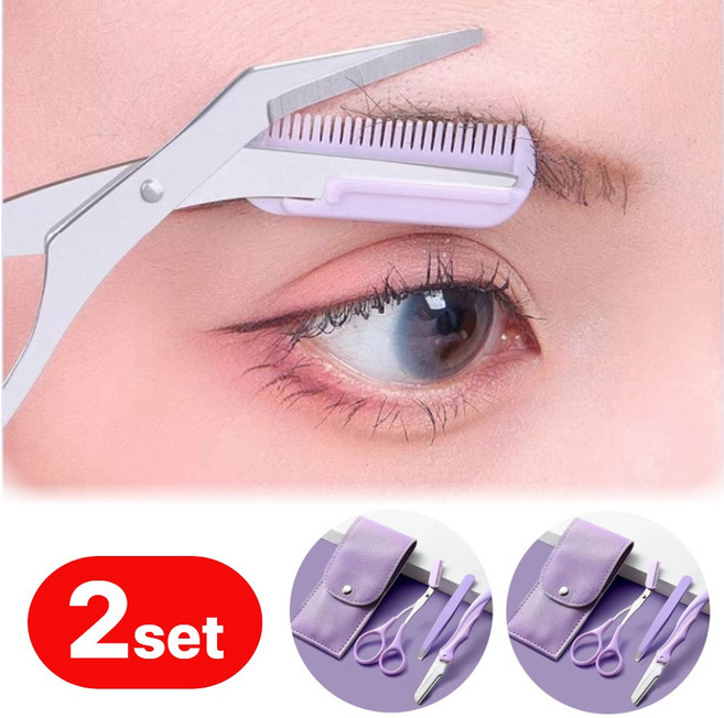 모두앤 깔끔눈썹 정리가위 3종세트 빗달린 숱가위 핀셋 눈썹칼, 2세트, 바이올렛