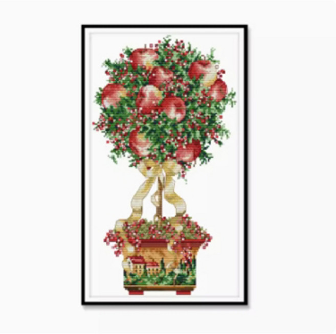 푸아이 실십자수 재물 사과나무 프린트 도안 패키지 9/11CT 5D 자수세트 면실 실크실 풍경 명화, 친환경 면사 36x57cm 3가닥 33색, 1개