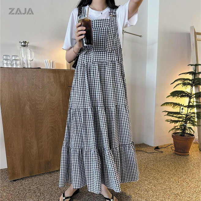 ZAJA 여성 루즈핏 체크 멜빵 롱 원피스 여름 민소매 나시 원피스