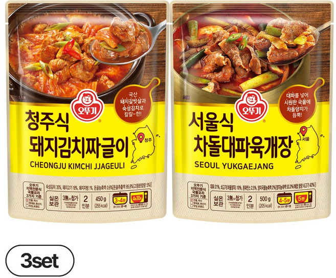 오뚜기 서울식 차돌대파육개장 3개+청주식 돼지김치짜글이 3개, 1세트, 450g