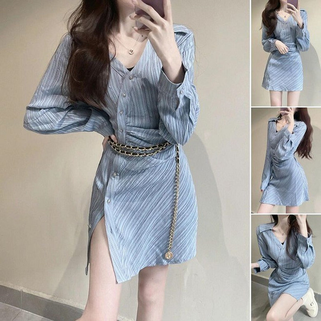 JUSTFEELING 하객룩 패션 여성 셔츠원피스 허리조임 트임 섹시 스커트 긴팔 원피스