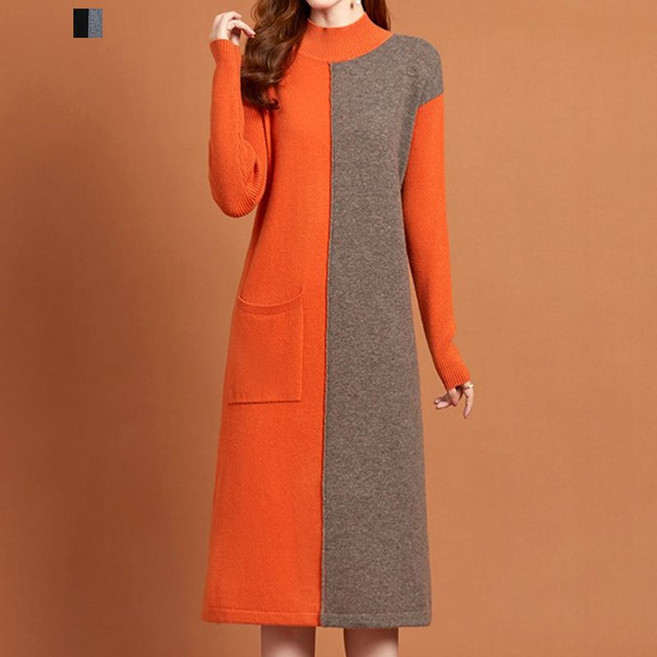 퀸이즈 빠른배송 테페 하프 배색 포켓 니트 원피스