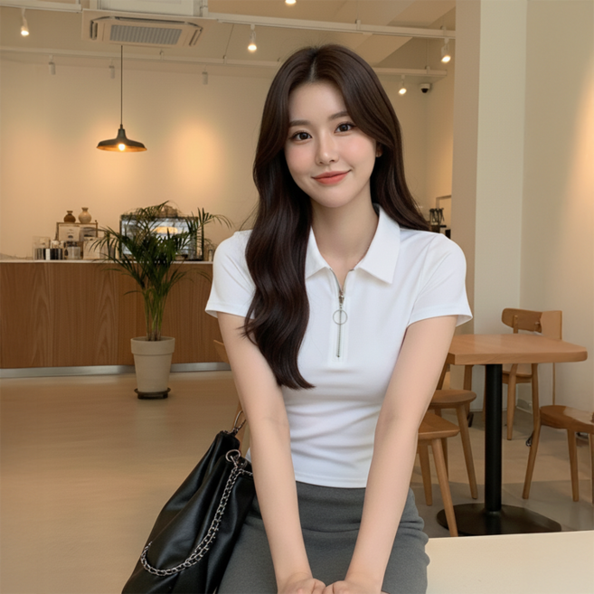 데일로엔 여성 여름 데일리 카라 반집업 슬림핏 반팔 티셔츠