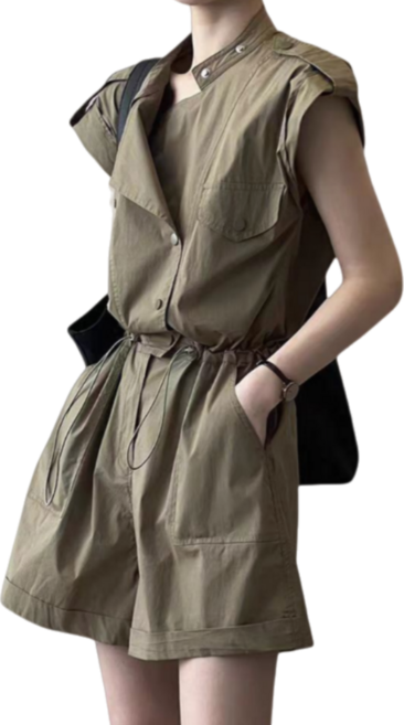 Makone 여성 캐주얼 반팔 허리 스트랩 점프수트