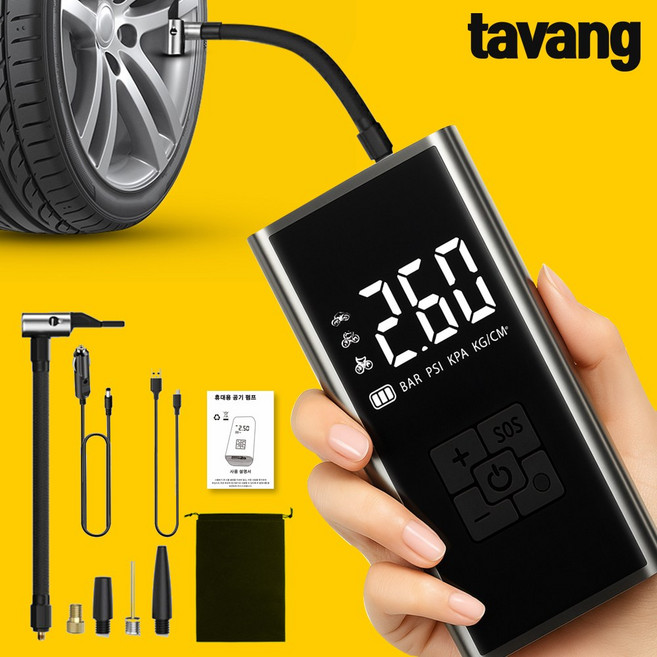 타방 타이어 공기압 주입기 자동차 자전거 휴대용 에어펌프 6000mAh, 블랙, 1개