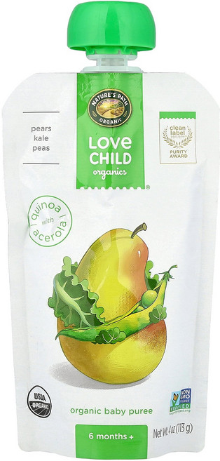 Love Child Organics Nature's Path 유기농 아기 퓨레 생후 6개월 이상 배 케일 완두콩 113g(4oz) Organics (러브 차일드 오, Love Child Organics, Nature's, 1