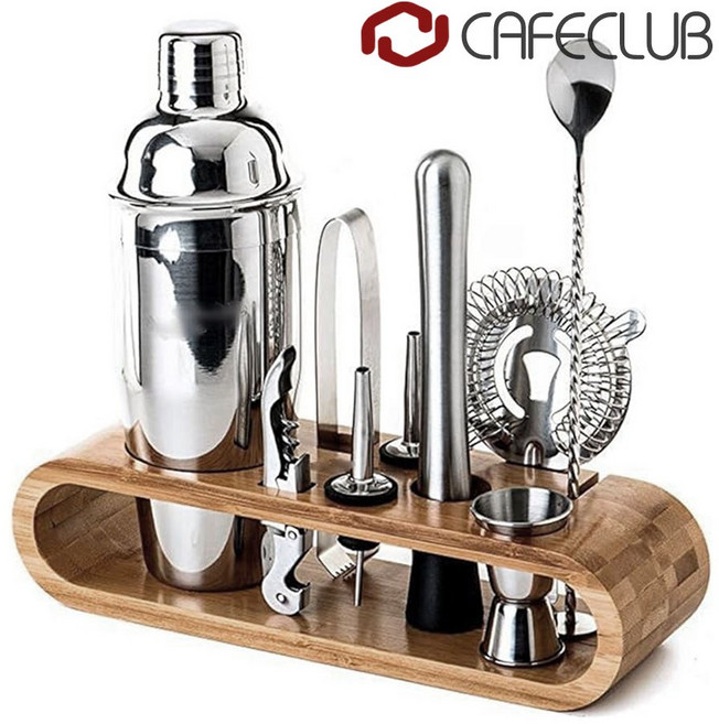 카페클럽 홈텐딩 칵테일 쉐이커 750ml + SUS304 스테인레스 용품 7종 세트, 홈텐딩 쉐이커 550ml, 1개, 나무색
