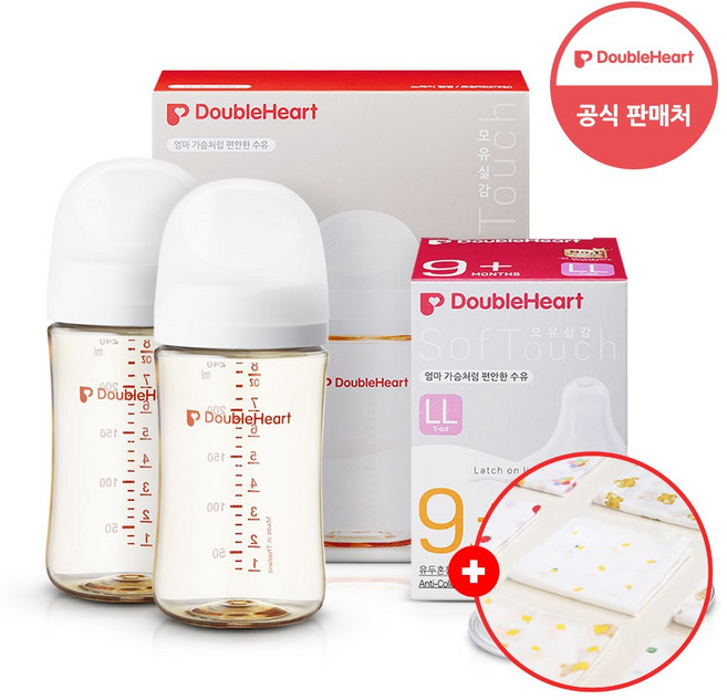 더블하트 3세대 PPSU 젖병 트윈팩 240ml 제뉴인화이트+젖꼭지(2입x1개) LL+손수건증정, 단품