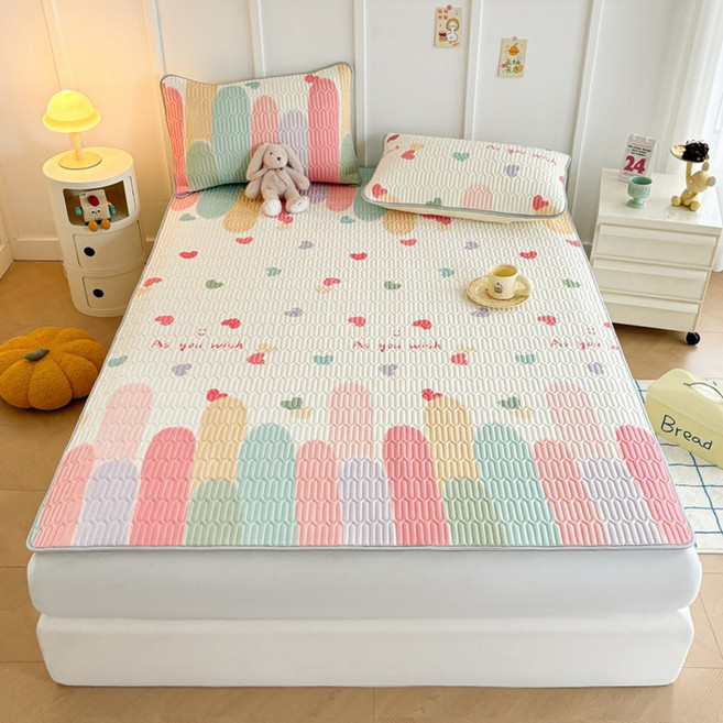 [한정특가] Cozy Aura 여름 천연 라텍스 냉감 침대 패드 쿨매트 + 베개커버 세트, 무지개