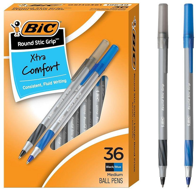 BIC 라운드 스틱 그립 엑스트라 컴포트 1.2 mm 미디엄 포인트 볼펜 블랙 36개 세트, Black