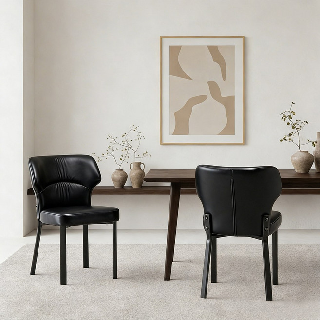 하루꿈 식탁 의자 이탈리안 럭셔리 가죽 소프트백 의자 대면적 등받이 카페 인테리어 식탁 의자, 2개, 블랙