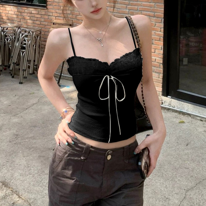 노이디제이 DJ1184 더블 레이스 리본 골지 끈나시 탑 슬리브리스