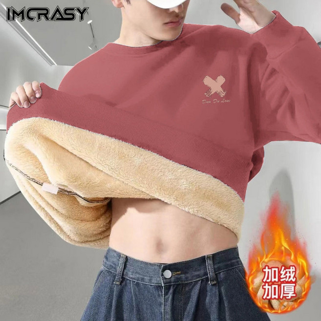 新款圓領羊羔絨衛衣男士防寒冬季加絨加厚保暖上衣服潮流