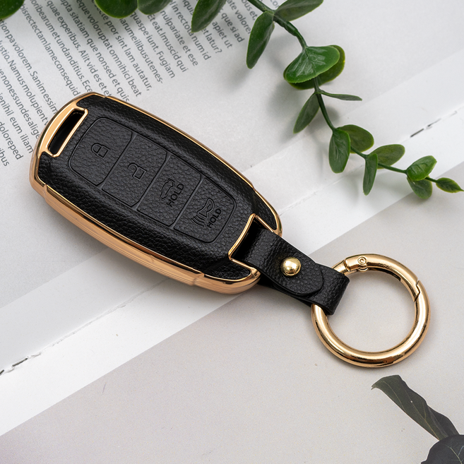 현대 펠리세이드 싼타페 TM CN7 i30 그랜져 IG 코나 호환 TPU 가죽 키케이스 키홀더 키링, 4버튼(TL29), 블랙골드