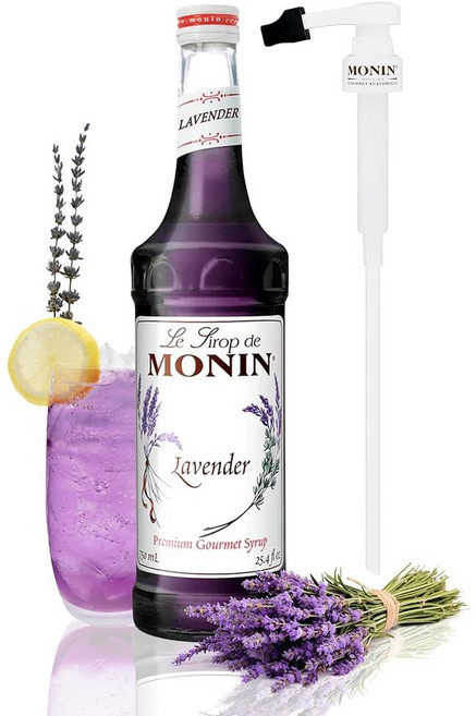 Monin - 라벤더 시럽 박스 세트 아로마 및 꽃 천연 맛 칵테일 레모네이드 및 소다에 적합 GMO 프리 글루텐 프리 BPA 프리 펌프 및 박스 포함 (750ml, 1개, 250ml