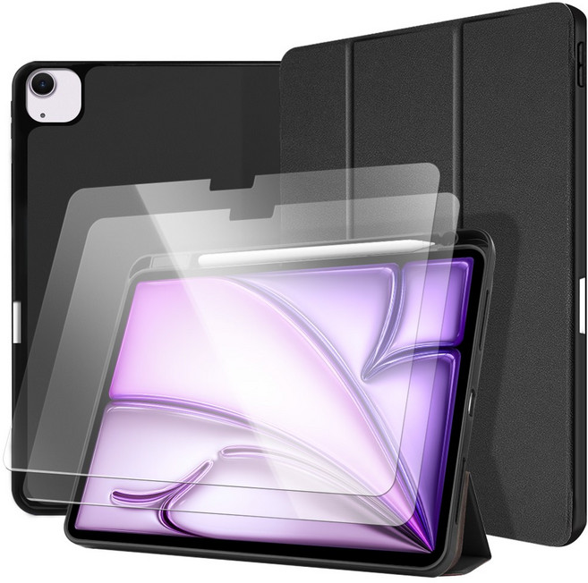 더조은셀러 아이패드 호환 애플펜슬 수납 스마트커버 케이스 2매입 강화유리필름, 블랙, 1세트
