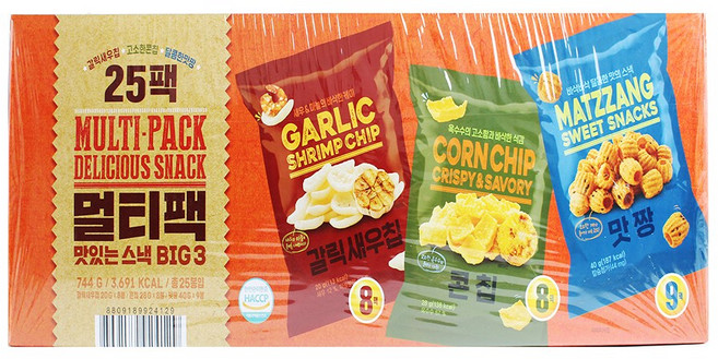 T STANDARD 멀티팩25봉 스낵 과자 갈릭새우칩 8봉 콘칩 8봉 맛짱 9봉, 744g(25봉), 1세트