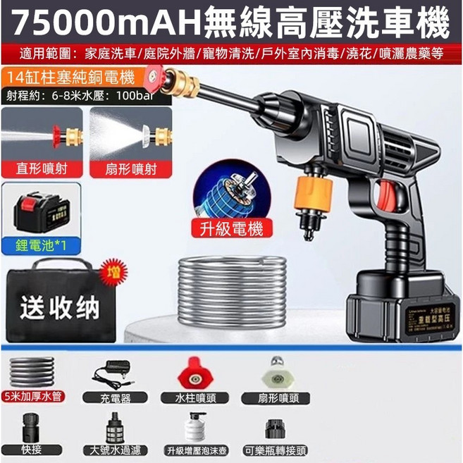 75000mAh 無線高壓洗車機 100bar 水壓 適用於家庭清潔、汽車清洗、澆花、噴灑農藥, 超大功率【十八渦輪增壓】豪華升級款,壓力不如友商包退