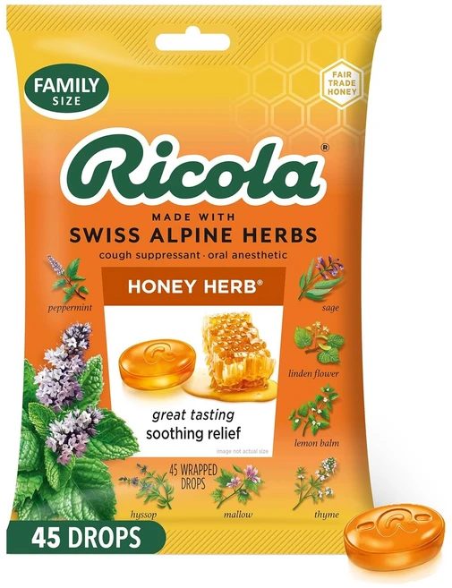 리콜라 Ricola 허니 허브 트로치 목캔디 기침 진정 사탕, 45개 - 쿠팡