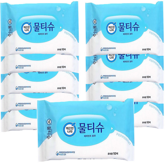 깨끗한나라 물티슈 휴대용 10매 10팩 (100매) 페퍼민트 물티슈, 10개, 30g