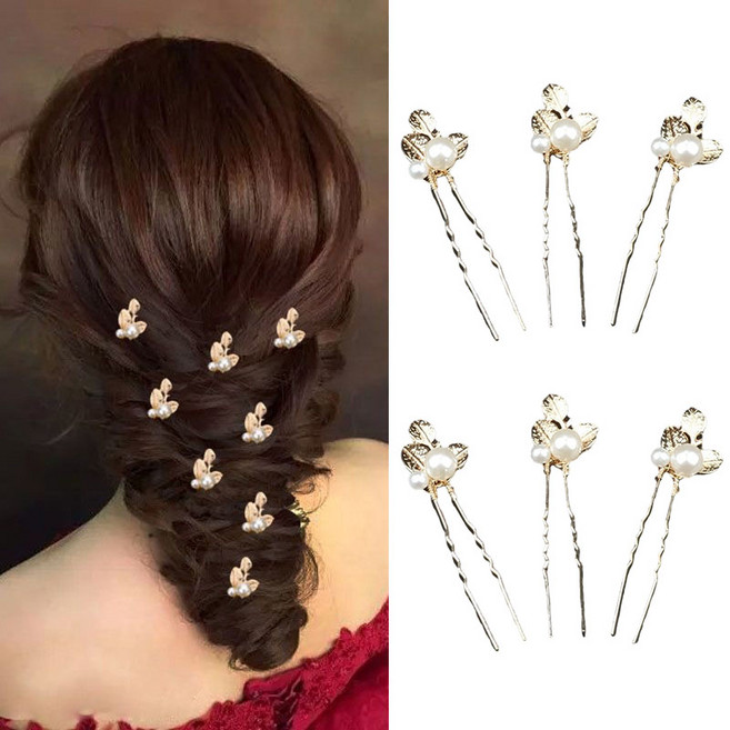 ZMBIRD 심플 진주볼 나뭇잎형 미니 u자 비녀 헤어핀 6PCS H5456