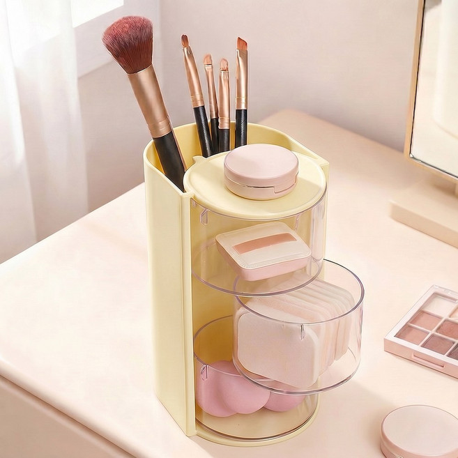회전식 메이크업 브러쉬 퍼프 정리함, 베이지, 1개