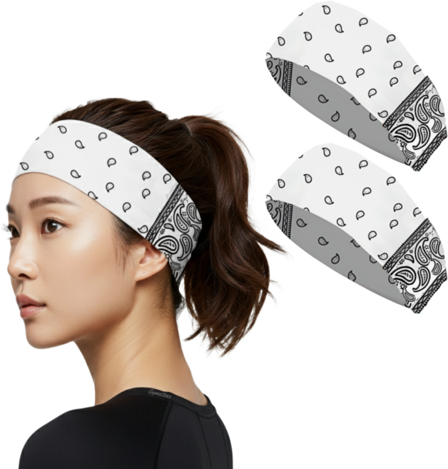 짐스터즈 스포츠 쿨 기능성 와이드 헤어밴드, 1세트, 화이트페이즐리+화이트페이즐리