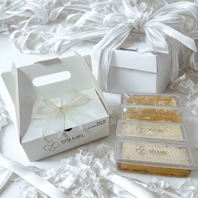 [솔미엘]벌집꿀 선물세트 (200g 이상 2개입)국내산 기업선물 행사기념품 돌답례품 결혼답례품 집들이선물 선물세트 꿀선물 요거트토핑 아이스크림토핑 벌꿀집, 1세트, 2정