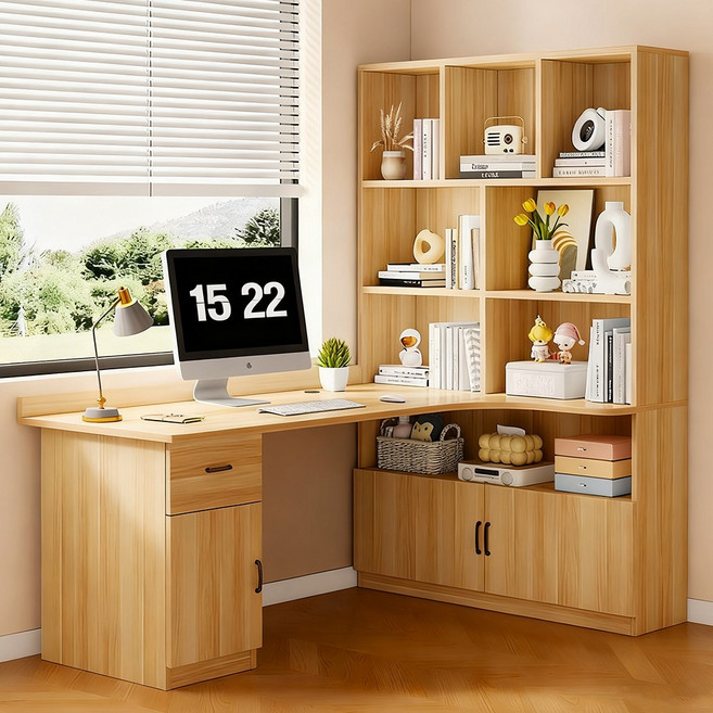 책장 책상 일체형 컴퓨터/공부/게이밍 ㄱ자 책상 고등학생/학생 책상, 연한 갈색(A)