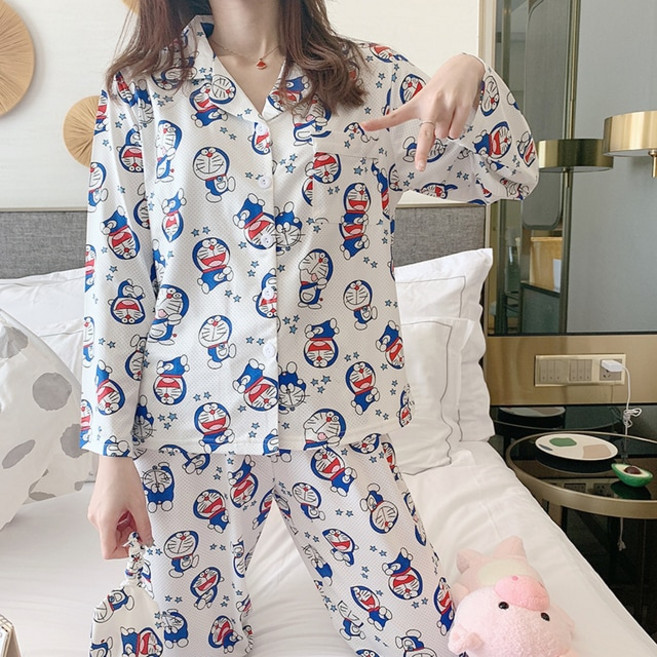 여성용 메쉬 잠옷 세트 카와이 애니메이션 일본 홈슈트 도라에몽 의상 파티