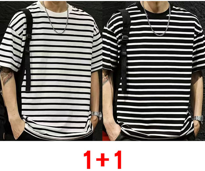 1+1 남성 스트라이프 반팔 티셔츠 여름 루즈핏 데일리 상의 캐주얼 프리미엄 라운드넥 반팔티 WMY