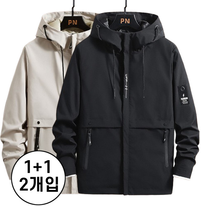 1+1 2종세트 크로스보더 봄 가을 간절기 남성용 후드 자켓 지퍼 외투 남성 브랜드 웨어 스타일 상의 패셔너블 디자인 데일리룩 야외 활동 내구성 바람막이