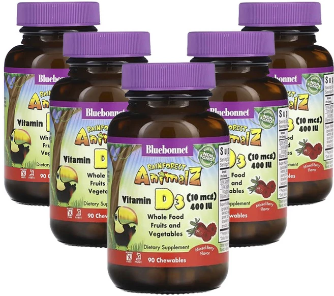 블루보넷뉴트리션 레인포레스트 에니멀 비타민 D3 혼합 베리 400 IU 츄어블 90 정, 5팩, 90정 - 쿠팡