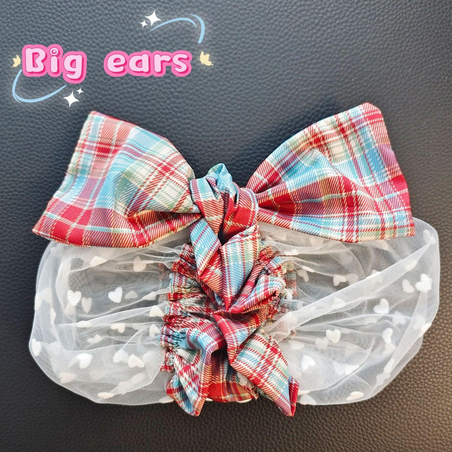 반려동물 강아지 헤어밴드 귀 보호 통풍 체크리본 스누드 슈슈밴드, 코리안 스타일 체크, F (7-14kg 조절 가능), 1L