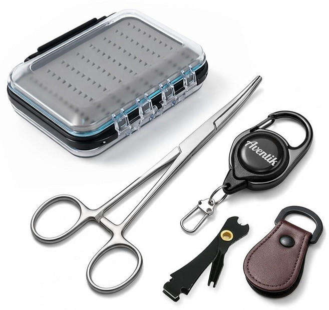 Aventik Fly Fishing Vest Tool Kit with Box Forceps Nipper Retractor Zinger Leader Straightener Beg, H18SB+4in1
