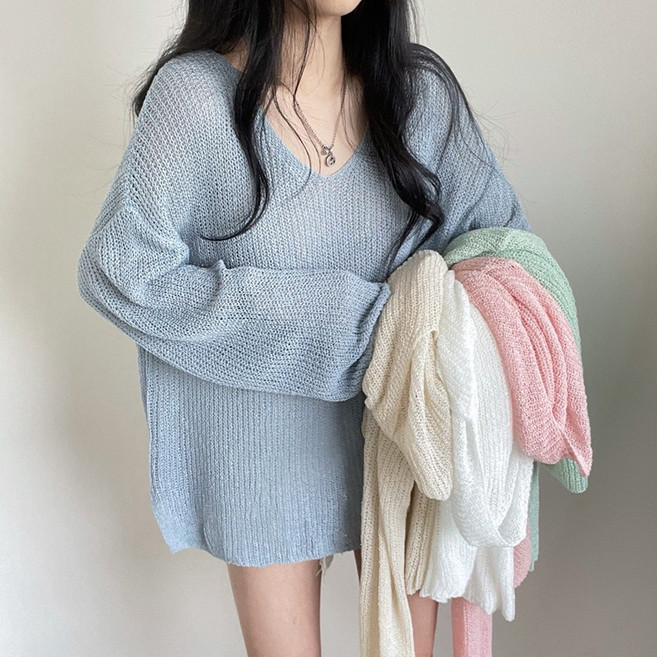 예쁨시전 봄 썸머 브이넥 시스루 루즈핏 긴팔 니트