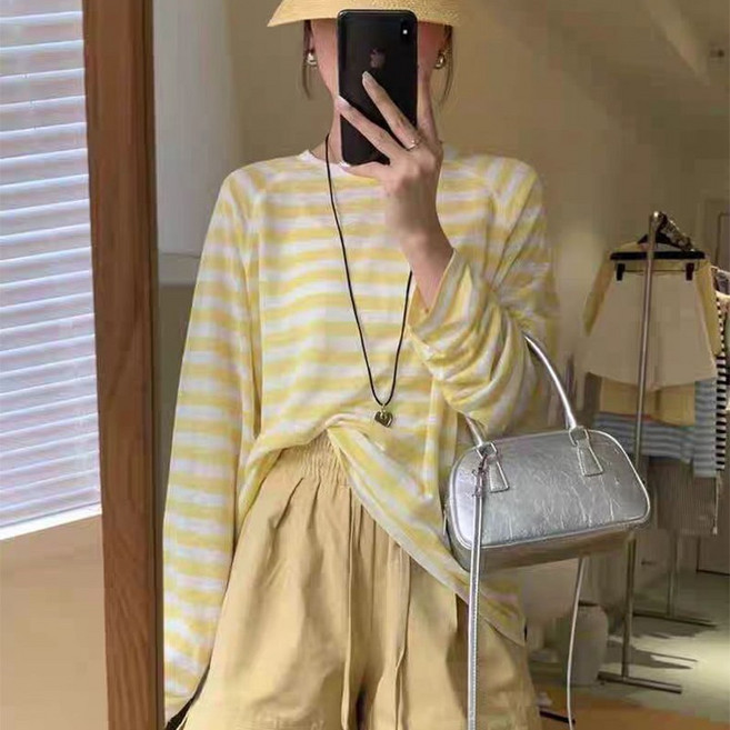 별맘 여성 오버핏 스트라이프 티셔츠 얇은 긴팔티