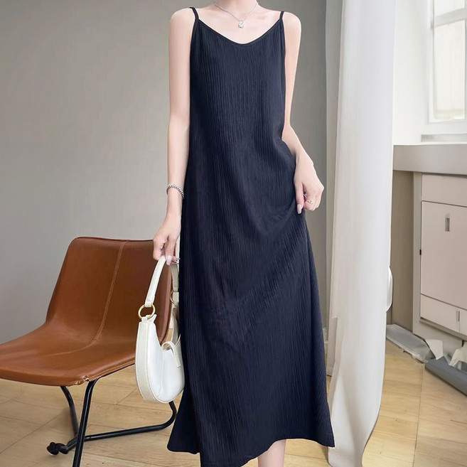 플리츠 끈나시 롱원피스 여성 가을 나시 원피스 여자 봄원피스 봄가을 루즈핏 블랙 휴양지 드레스