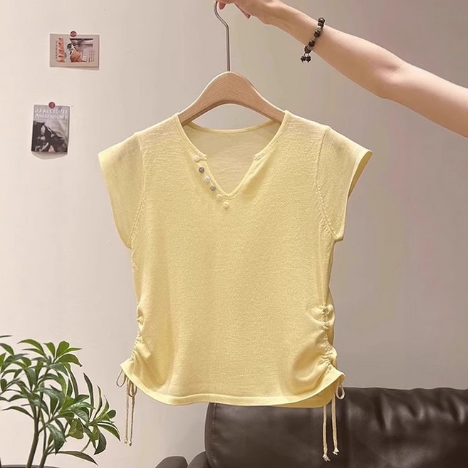 V 칼라 반팔 니트 여성의 새로운 얇은 얼음 실크 드로 스트링 주름 허리 슬리밍